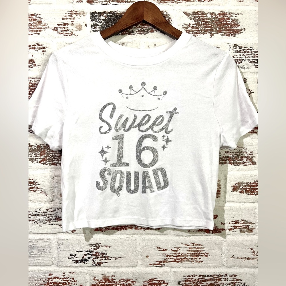 Sweet 16 Shirt Cropped White Glittery Junior Girls Size L